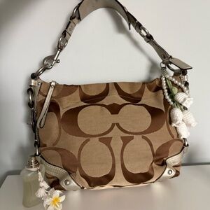 Y2k Coach Carly Signature Silver Leather and Tan Medium Shoulder Bag